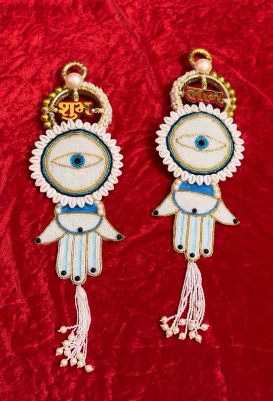 Handcrafted Evil Eye Hamsa Hand Shubh Labh Door Hanging Set (Pair)