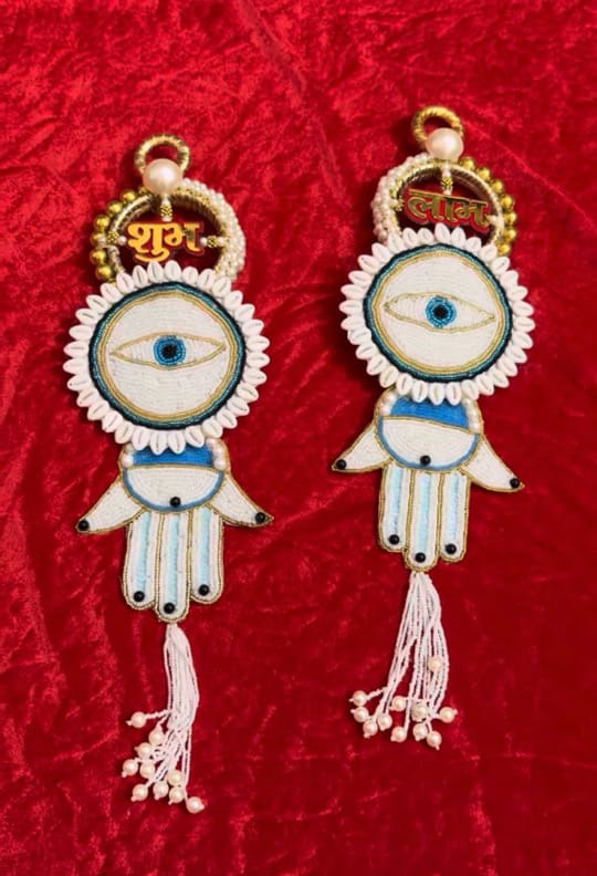 Handcrafted Evil Eye Hamsa Hand Shubh Labh Door Hanging Set (Pair) - Image 1