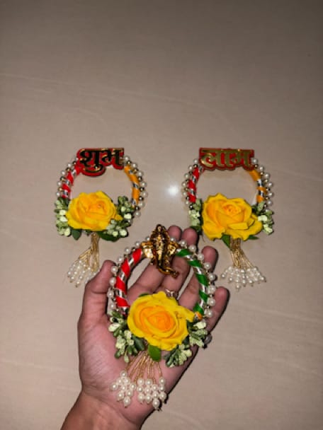 Handcrafted Yellow Rose Floral Shubh Labh & Ganesha Door Hanging Set (Set of 3) - Image 1