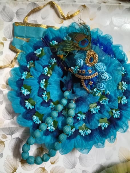 Handcrafted Ocean Blue Floral Net Poshak Set Laddu Gopal with Matching Pagdi & Mala