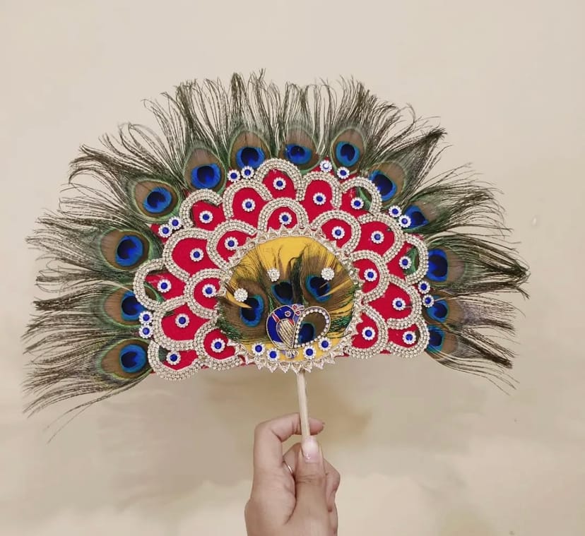 Handcrafted Heavy Designer Shyam Baba Mukut Kalangi with Red Layers, Peacock Motif & Natural Feathers - Image 1