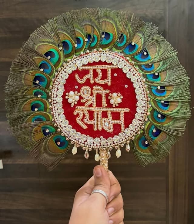 Handcrafted "Jai Shri Shyam" Red Velvet Shyam Baba Mukut Kalangi with Peacock Feathers & Pearl Hangings