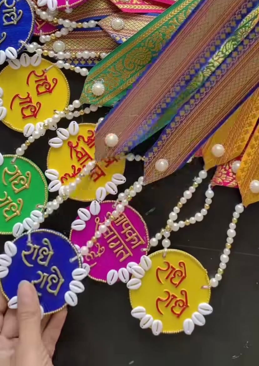 Handcrafted Multi-Color "Radhe Radhe" & "Swagat" Fabric Patka / Welcome Dupatta with Cowrie Shells & Pearl Mala - Image 1