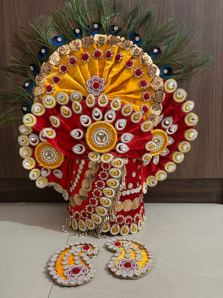 Handcrafted Adjustable Yellow & Red Velvet Shyam Baba Mukut & Kundal Set - Image 1