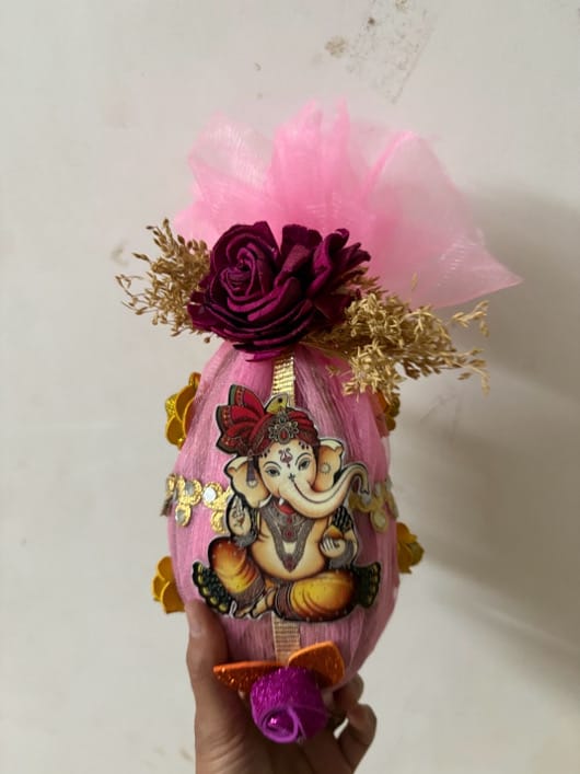 Handcrafted Designer Decorated Nariyal / Puja Coconut with Lord Ganesha Accent - Image 1