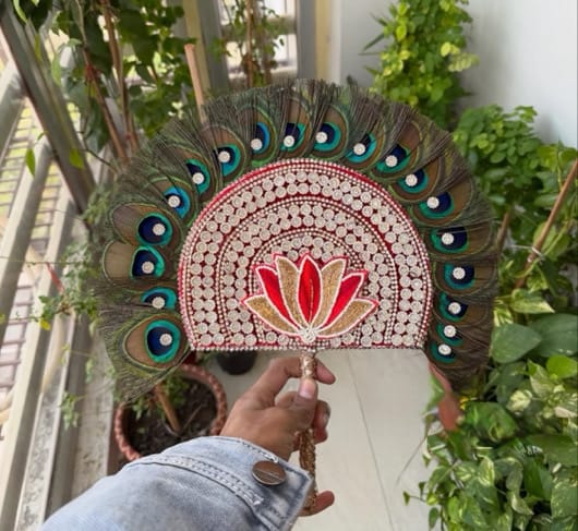 Handcrafted Heavy Peacock Feather Kalangi / Fan Accessory for Deity Shringar - Image 1