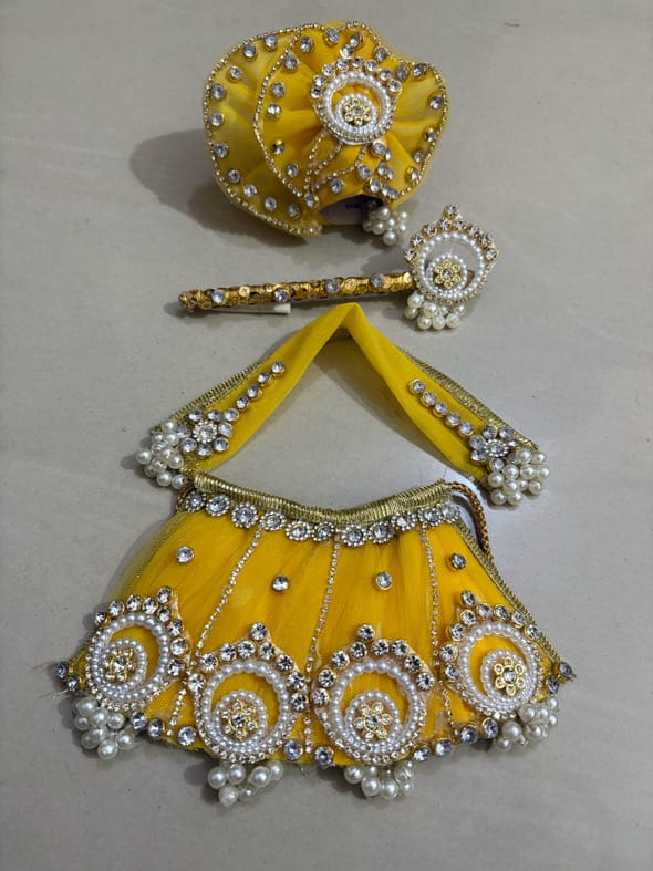 Handcrafted 5-6 Inch Bright Yellow Net Shyam Baba Poshak Set with Matching Pagri & Shringar Accessories - Image 1