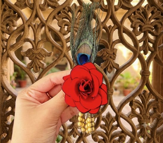 Handcrafted Red Rose & Peacock Feather Deity Brooch / Pagri Pin - Pack of 20 (MOQ) - Image 1