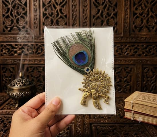 Handcrafted Antique Golden Flute & Peacock Feather Deity Brooch / Pagri Pin - Pack of 20 (MOQ)