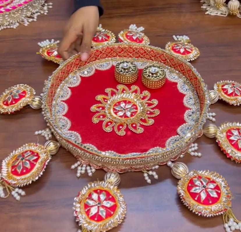 Handcrafted Designer Velvet Pooja Thali (Without Dabbi) - Image 1