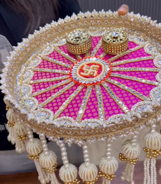 Handcrafted Designer Pink & Gold Pooja Thali (Without Dabbis)