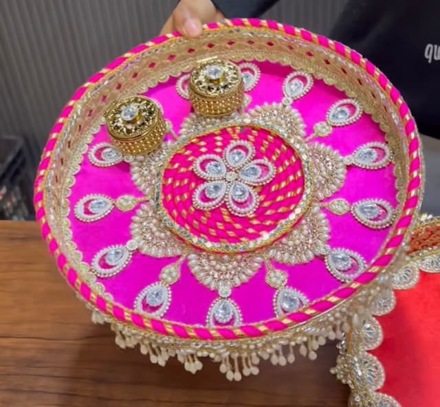 Handcrafted Designer Pink & Gold Floral Pooja Thali (Without Dabbis)