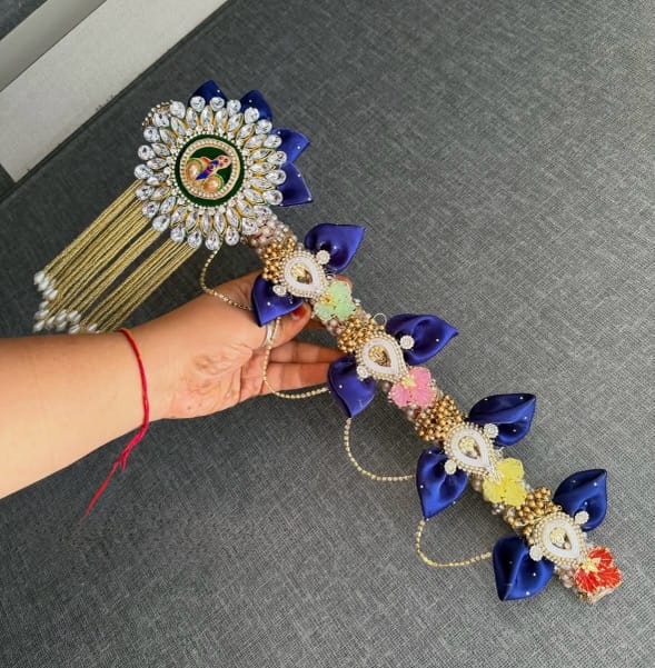 Handcrafted Designer Blue Shringar Bansuri (Flute) with Kundan Floral Motif & Pearl Accents - Image 1