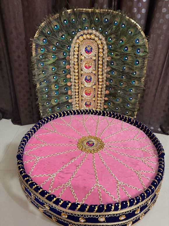Handcrafted 32-Inch Designer Peacock Feather Singhasan for Large Laddu Gopal Ji / Deity Idols - Image 1